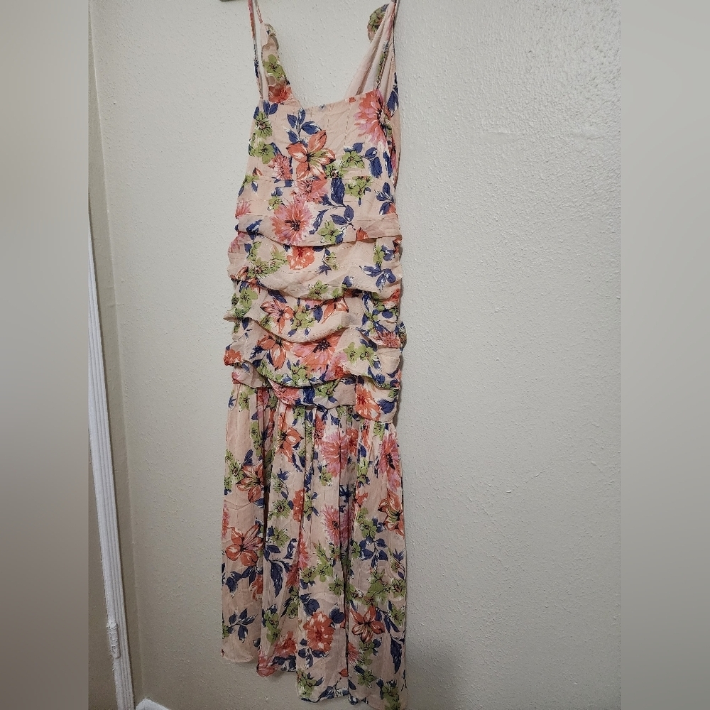 Lulus Stunning Soiree Blush Pink Floral Print Ruched Midi Dress XL Wedding Party - Picture 10 of 12
